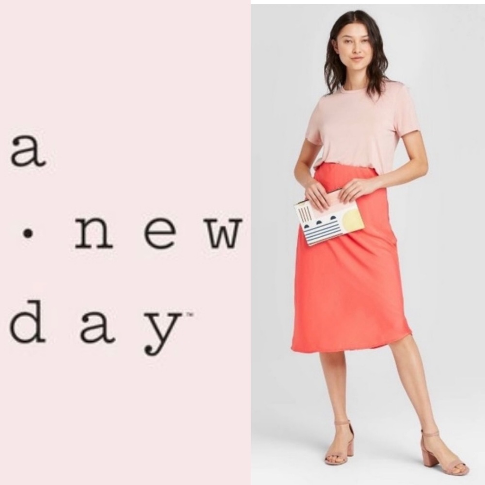 A • New Day / Coral Midi Silky Slip Skirt